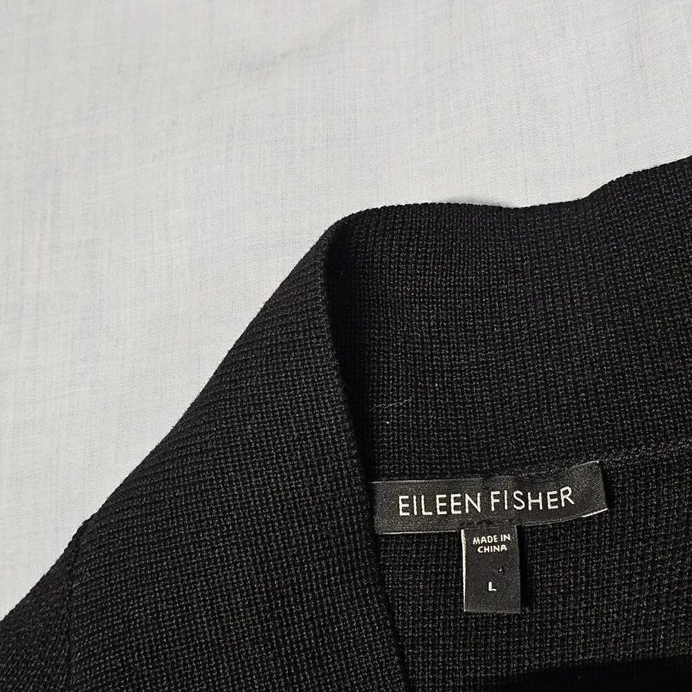Eileen Fisher Button Up Mock Neck Kimono Jacket Women Size L Black Silk/Cotton